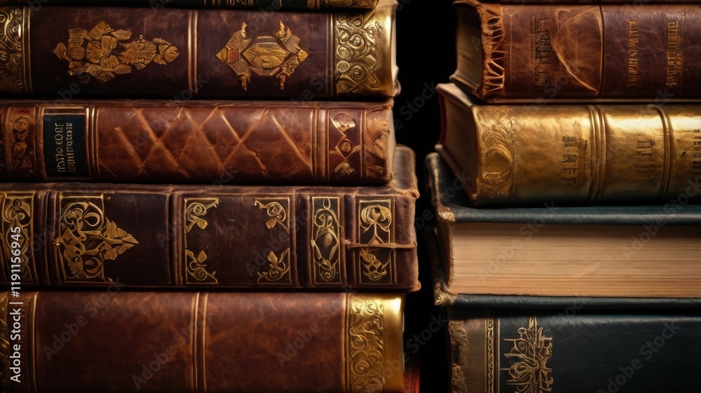 A Beautifully Stacked Collection of Antique Leather-Bound Books with Intricate Gold Detailing, Showcasing the Timeless Elegance of Literary Artistry and Historical A Beautifully Stacked Collection of Antique Leather-Bound Books with Intricate Gold Detailing, Showcasing the Timeless Elegance of Literary Artistry and Historical