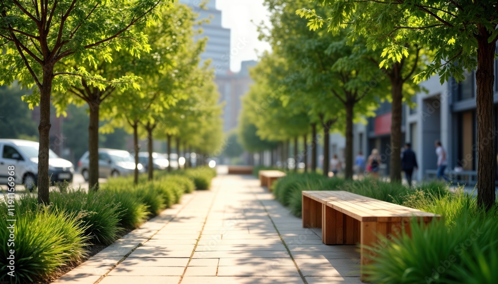 Urban green plaza with sustainable architecture. Recycled benches sit under tall trees. Native plants line pathways. Calm scene suitable for relaxation. City park offers eco-friendly design. Pathway Urban green plaza with sustainable architecture. Recycled benches sit under tall trees. Native plants line pathways. Calm scene suitable for relaxation. City park offers eco-friendly design. Pathway