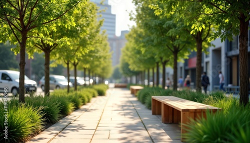 Urban green plaza with sustainable architecture. Recycled benches sit under tall trees. Native plants line pathways. Calm scene suitable for relaxation. City park offers eco-friendly design. Pathway