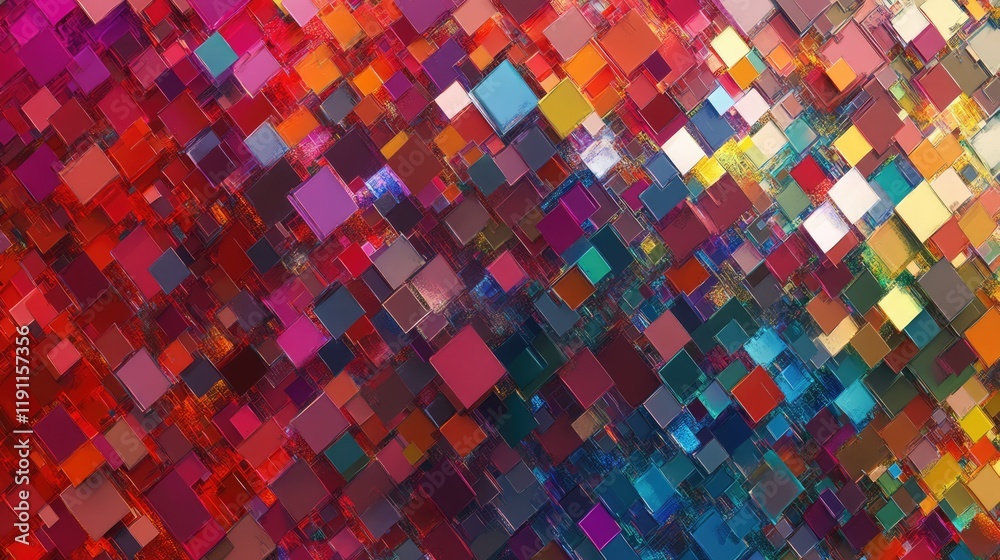 A vibrant, abstract image depicting a three-dimensional grid of small cubes in a spectrum of colors, A vibrant, abstract image depicting a three-dimensional grid of small cubes in a spectrum of colors,