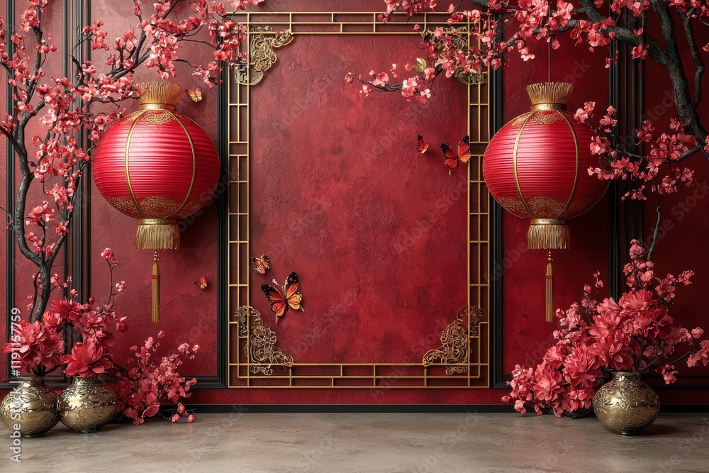 custom made wallpaper toronto digitalElegant traditional background featuring red lanterns, cherry blossoms, and butterflies, perfect for celebration themes, festivals, or cultural events in Asian aesthetics
