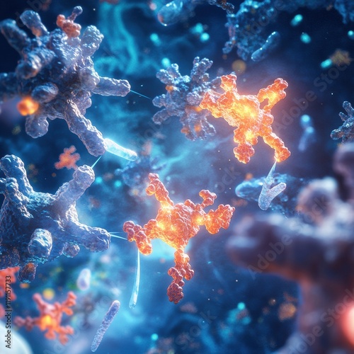 Visualization of antibodies actively targeting and neutralizing glowing viruses in a dynamic environment. Generative AI photo