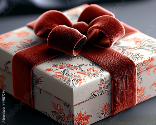 close up of an ornately decorated gift box the luscious red velvet ribbon artfully wrapped around it in flowing curves the bow s edges crisply defined photo