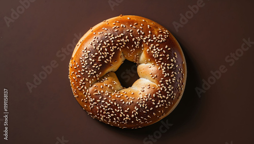 Fresh breakfast bread bagel roll with seeds, copy spce for text photo