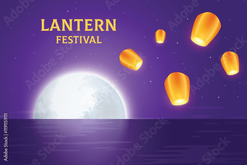 Latern Festival Theme With Full Moon And Flying Lanterns On Sky at Night. Vector Illustration For Celebration of Asian Ethnic Festivity.