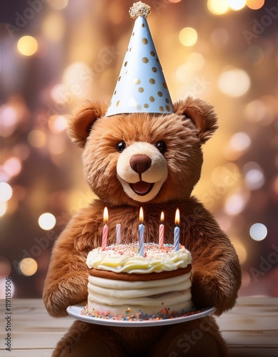 Generated image A cheerful teddy bear in a party hat is joyfully holding a birthday cake