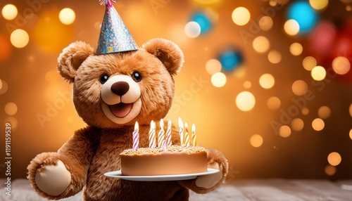 Generated image A cheerful teddy bear in a party hat is joyfully holding a birthday cake