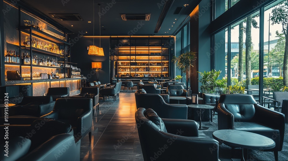 Elegant Modern Lounge Interior with Ambient Lighting and Seating Elegant Modern Lounge Interior with Ambient Lighting and Seating
