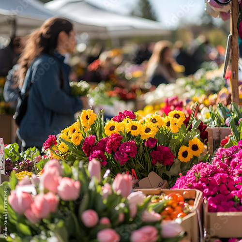 Vibrant flower bouquets at a bustling farmers market. Sunlit blooms create a colorful display.