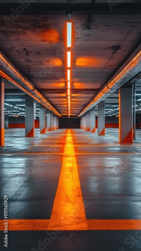 Modern Empty Parking Garage with Orange and Blue Lighting Effects