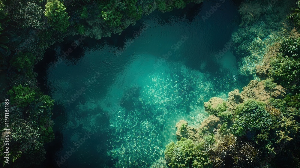 Aerial view of a serene, hidden lagoon surrounded by lush green vegetation. Aerial view of a serene, hidden lagoon surrounded by lush green vegetation.