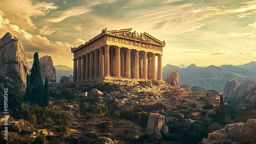 Ancient Greek Temple at Sunset with Majestic Mountain Backdrop