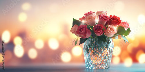 Fototapeta Naklejka Na Ścianę i Meble -  Valentine's Day bouquet devotion concept. Beautiful bouquet of roses in a crystal vase with a soft bokeh background.