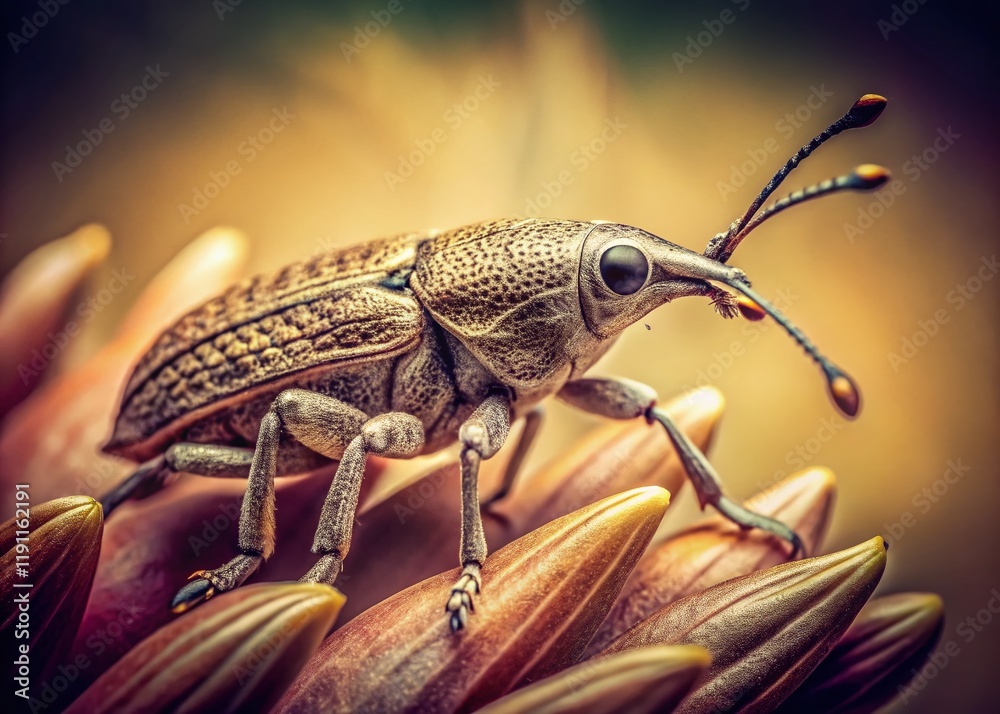 Fototapeta premium Vintage Macro Photography: Close-Up Weevil on Flower - Detailed Insect Texture