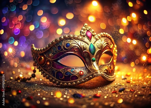 Vintage Mardi Gras Masquerade Mask with Gems and Bokeh Lights photo