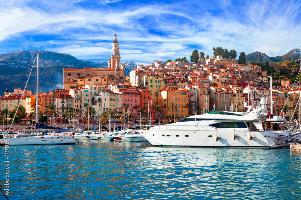 Mentone - beautiful coastal town resort in French riviera. view of marine with sail boats,yachts and colorful houses. Cote d'azure, Alpes-maritimes, France