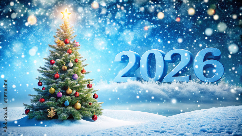 Obraz premium New Year 2026 New Year Scene with Snowfall and Festive Tree