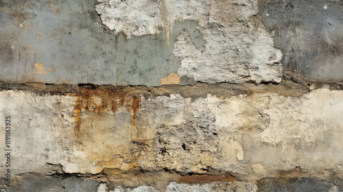 Weathered wall with peeling paint and textured surface in soft grays and browns, showcasing rustic and aged appearance. Ideal for backgrounds or architectural designs
