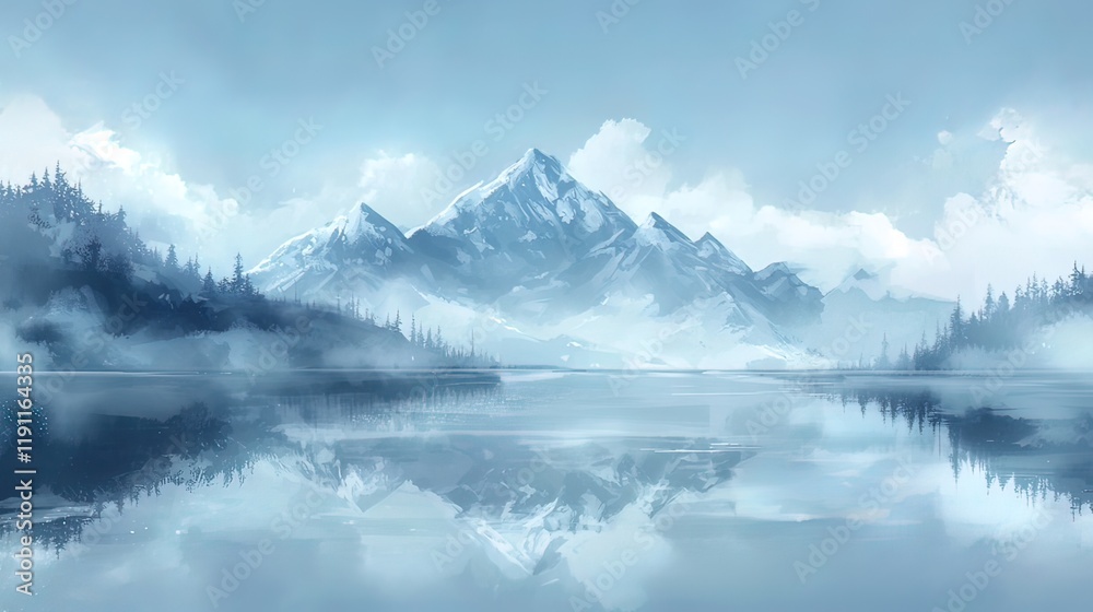 custom made wallpaper toronto digitalSerene winter landscape with snow-capped mountains reflected in a calm lake, misty forests.