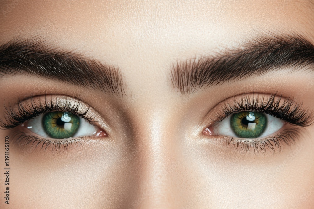 Fototapeta premium Close-Up Portrait of Young Woman's Beautiful Eye, Perfect Smooth Skin, Perfectly Shaped Eyebrow and Luscious Long Lashes. Beauty Products, Cosmetics, Make-Up. Advertisement of Eco Treatment, Skin Care