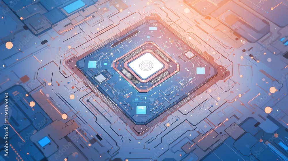 Blue tech background featuring an AI processor chip circuit board, ideal for a web banner or poster, providing ample space for text and highlighting advanced technology themes. Blue tech background featuring an AI processor chip circuit board, ideal for a web banner or poster, providing ample space for text and highlighting advanced technology themes.