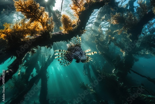 Fototapeta Naklejka Na Ścianę i Meble -  Captivating image of lone lionfish hovering near coral reef