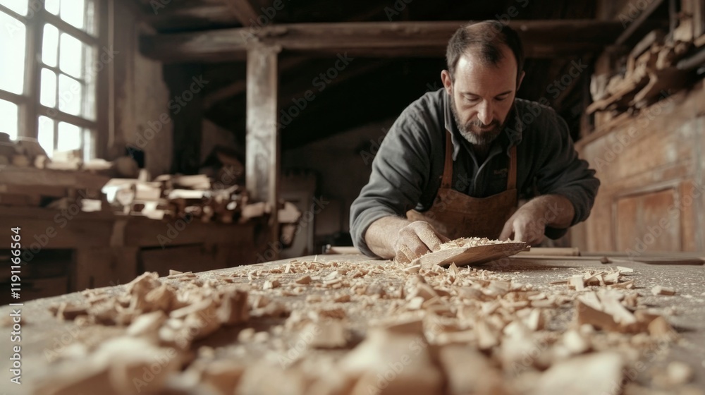 Carpenter Shaping Wood In Rustic Workshop Carpenter Shaping Wood In Rustic Workshop