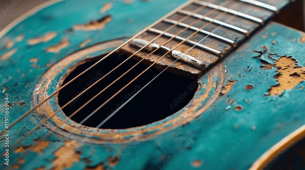 Obraz premium Close-up of a Weathered Teal Acoustic Guitar with Peeling Paint