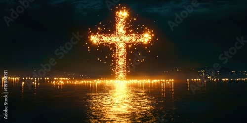 Large cross made of fire is floating in the water