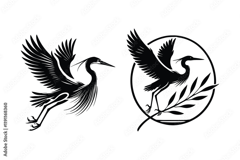 Fototapeta premium Heron Silhouette Set on a White Background, Vector Design