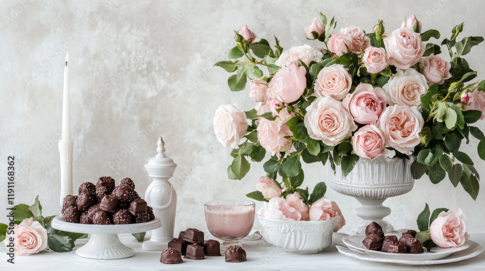 Fototapeta premium romantic table setting featuring pink roses, chocolates, and candle. Perfect for special occasion or celebration