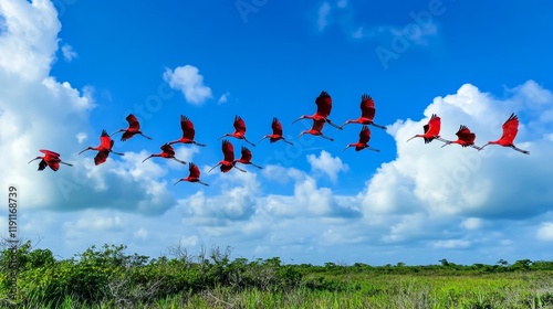 Flock of Scarlet Birds Soaring in a Vivid Sky photo