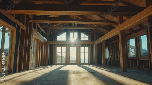 Interior view of a partially constructed house with wooden framing and beams.