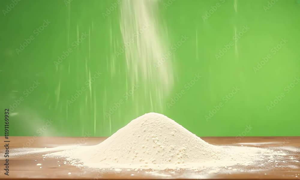 Falling flour powder on a mound against a green screen for culinary presentations motion