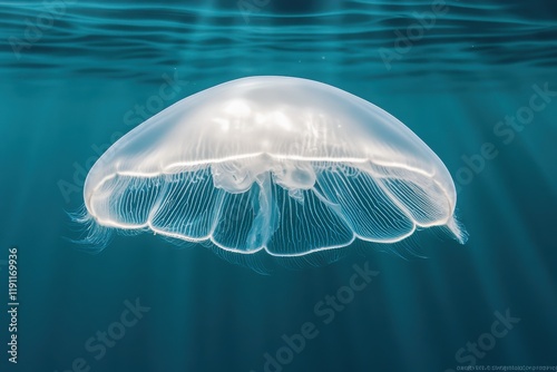 Tranquil underwater image captures moon jellyfish in soft lighting