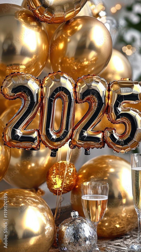 Fototapeta premium 2025 New Year's Eve: Champagne and Balloons