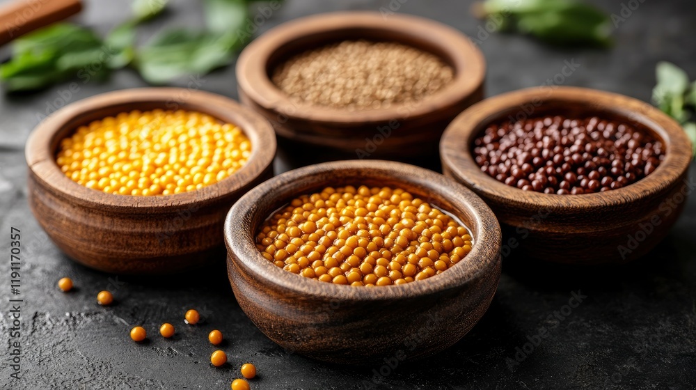 Assortment of Mustard Seeds in Wooden Bowls Assortment of Mustard Seeds in Wooden Bowls