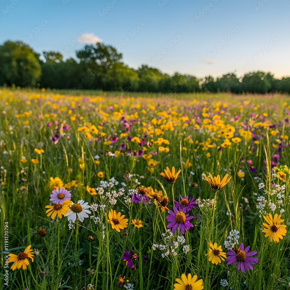 Obraz premium Vibrant wildflowers in a summer meadow bathed in golden sunlight. A stunning display of nature's beauty.