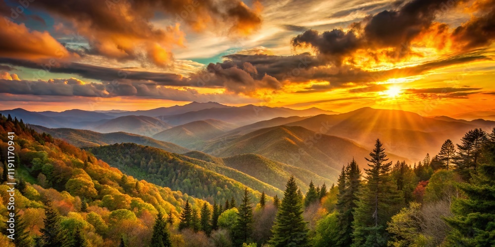 Naklejka premium Vintage Smoky Mountains Sunset: Breathtaking Panoramic View