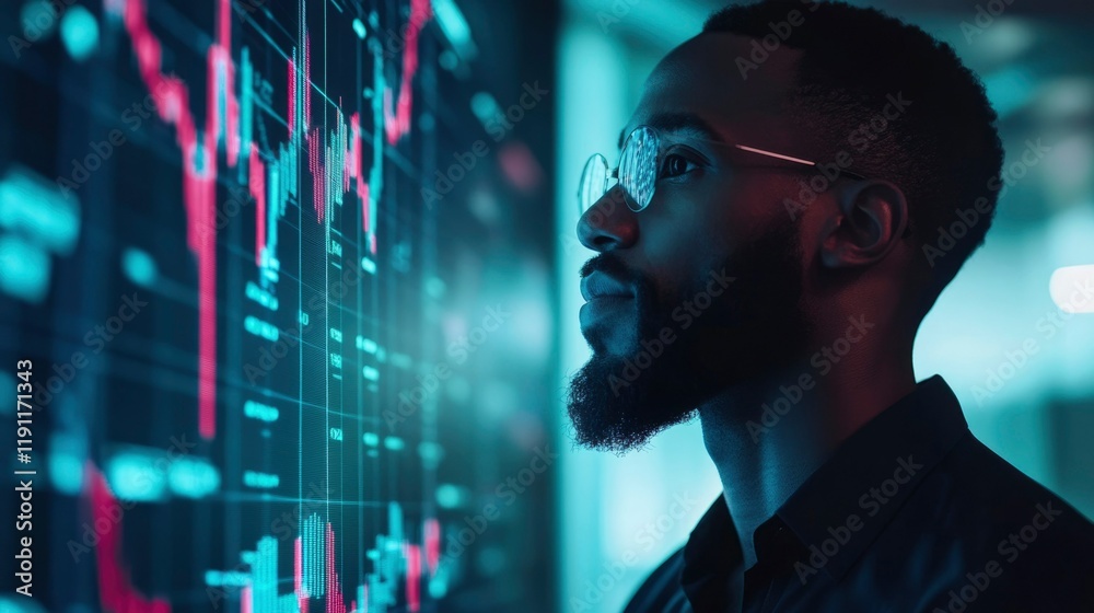 Fototapeta premium Man observes vibrant stock market data display