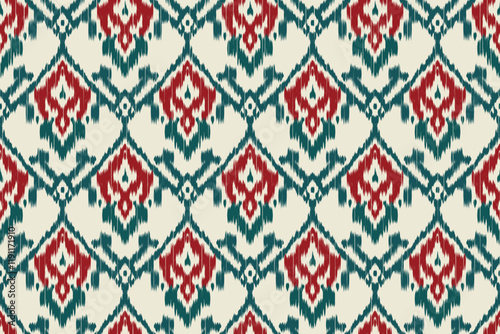 Ethnic abstract ikat fabric artwork with seamless patterns, combining tribal, indigenous and Mexican embroidery with Aztec geometric motifs. Ideal for rugs, wallpapers, throws, fabrics and clothing.