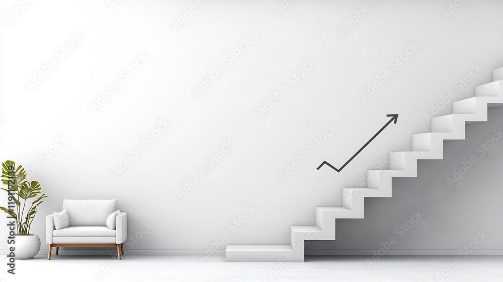 Obraz premium Sleek and modern minimalist white interior scene featuring a cinematic financial graph with an ascending arrow conveying a sense of economic growth progress and success
