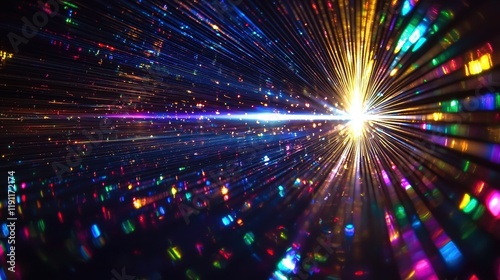 Colorful light beams radiate in vibrant patterns.