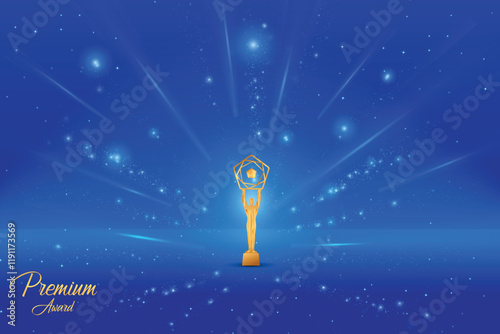 Premium Award With Cluster Of Lights Retro Style On Blue Background. Royal Ethnic Theme Concept Design Vector Illustration For Grand Music Concert, Movie, Party, Festival Celebration Element Etc.