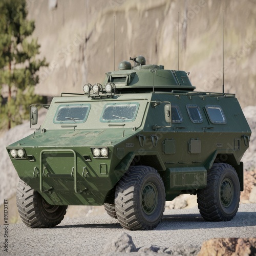 A military armored personnel carrier, robust and heavily equipped, stands ready for deployment.