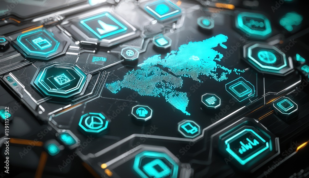 A radiant silver digital map with bright blue and teal tech icons floating on a glossy black background