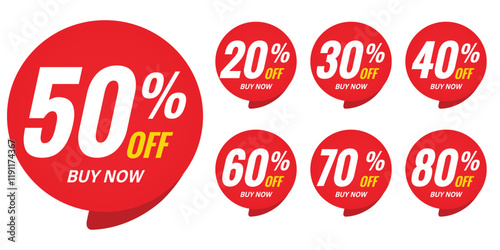 Red Percent Discount Sticker Set – Buy Now Promotional Labels with 20% to 80% Off Tags for Special Offers and Sale Price Banners