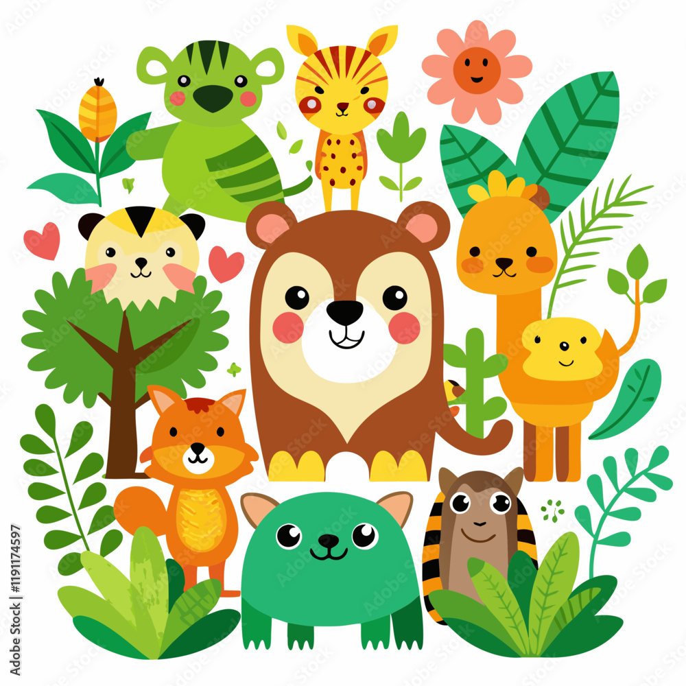 Naklejka premium A colorful collection of cute cartoon jungle and forest animals, including a bear, elephant, fox, giraffe, rabbit, tiger, lion, deer, owl, crocodile, monkey, and hippo, with accompanying foliage and e