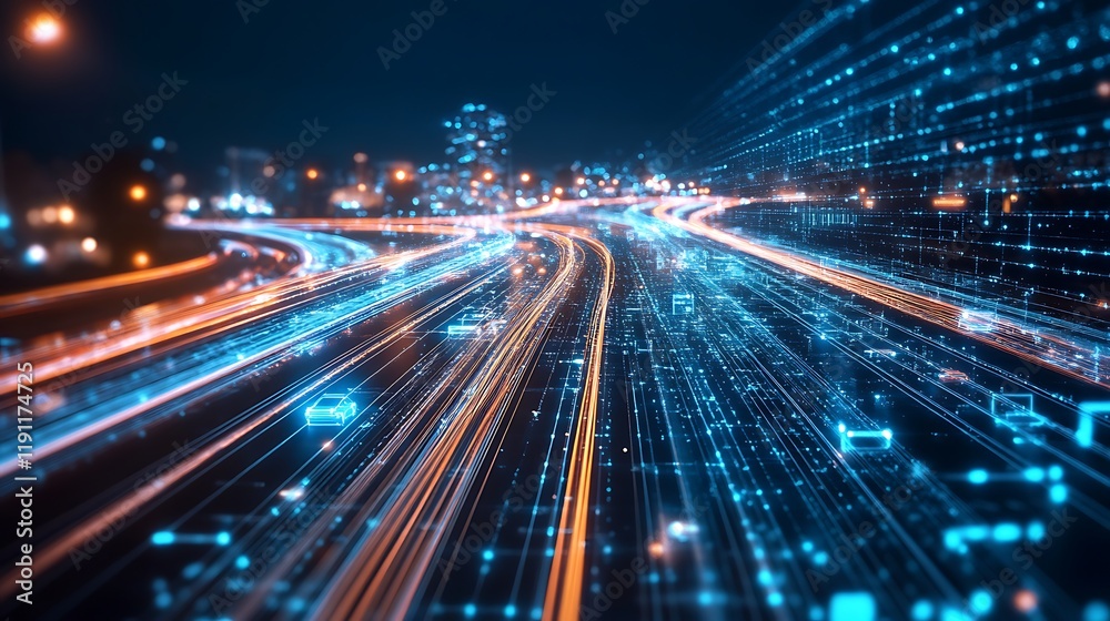 City highway at night, digital data streams, futuristic technology, website banner City highway at night, digital data streams, futuristic technology, website banner
