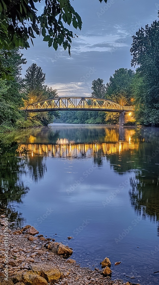 Obraz premium Tranquil Evening View of Bridge Over Calm River at Sunset
